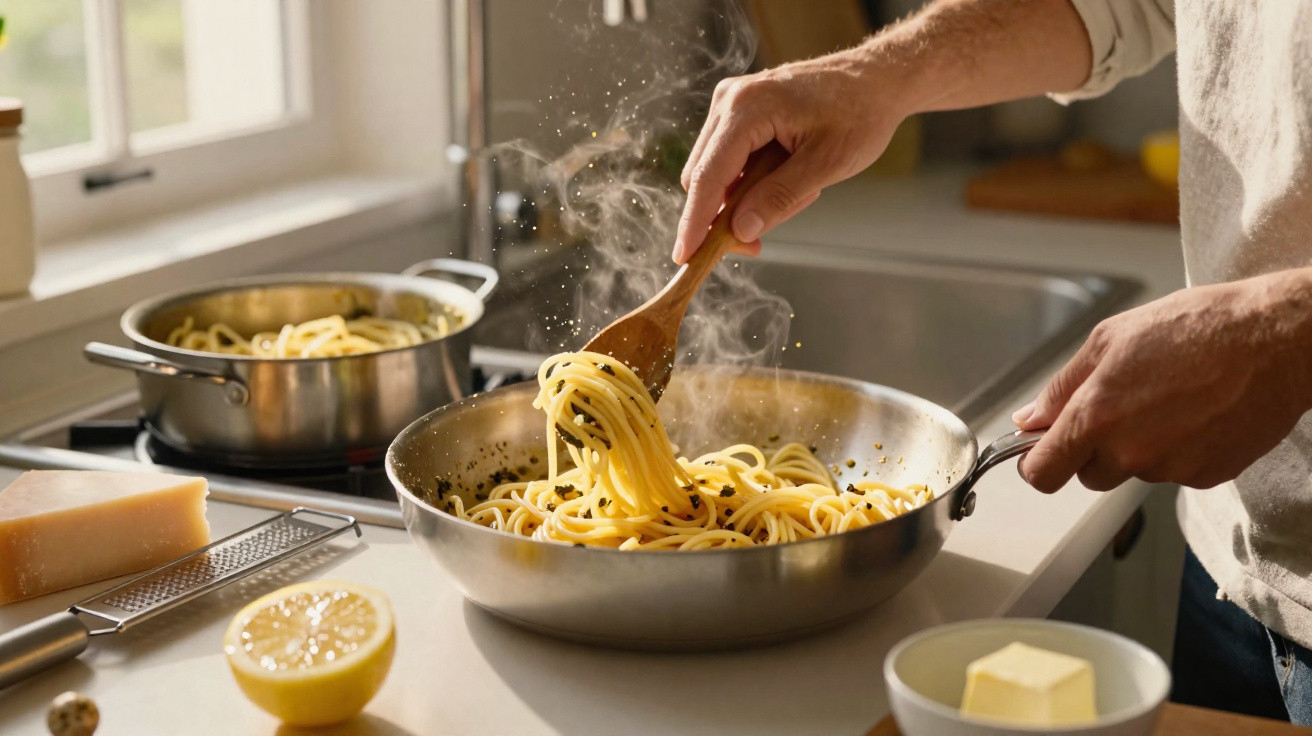 Pessoa mexendo espaguete em frigideira com panela de macarrão e ingredientes sobre bancada clara.