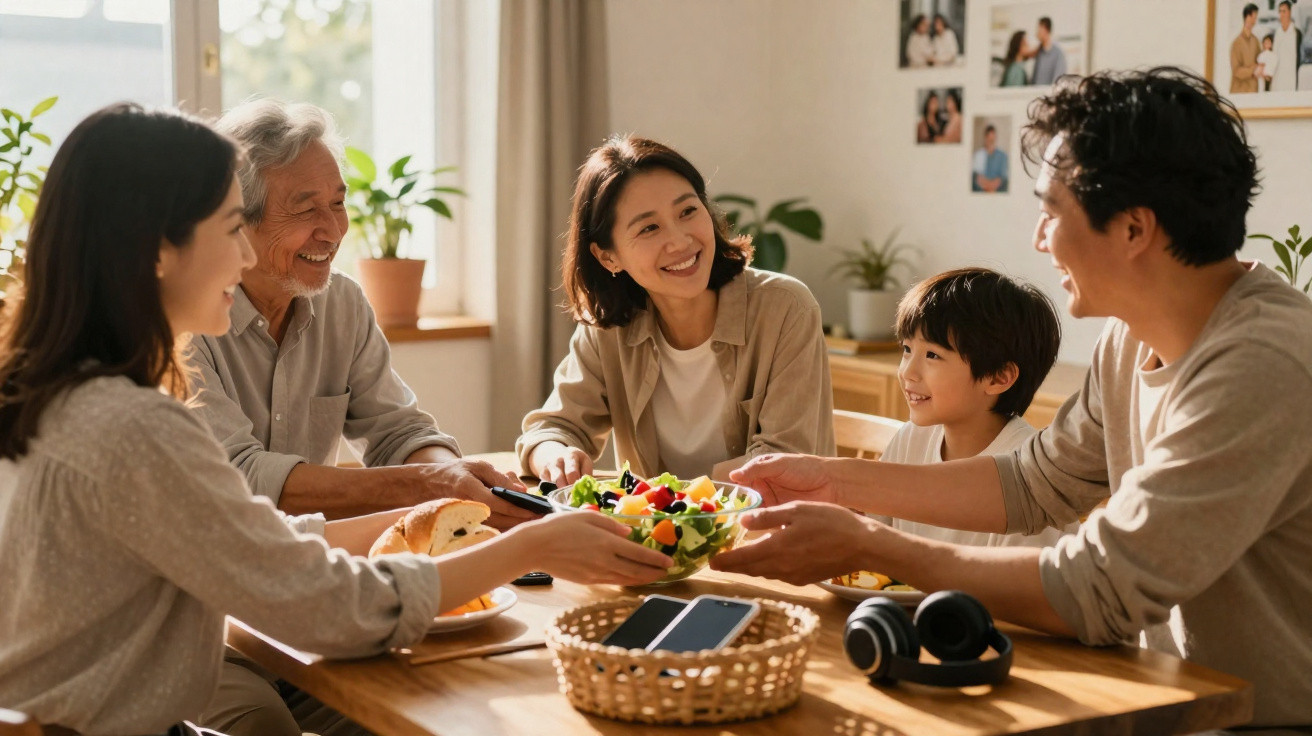 Família asiática feliz compartilhando uma salada durante a refeição em uma mesa na sala de jantar.