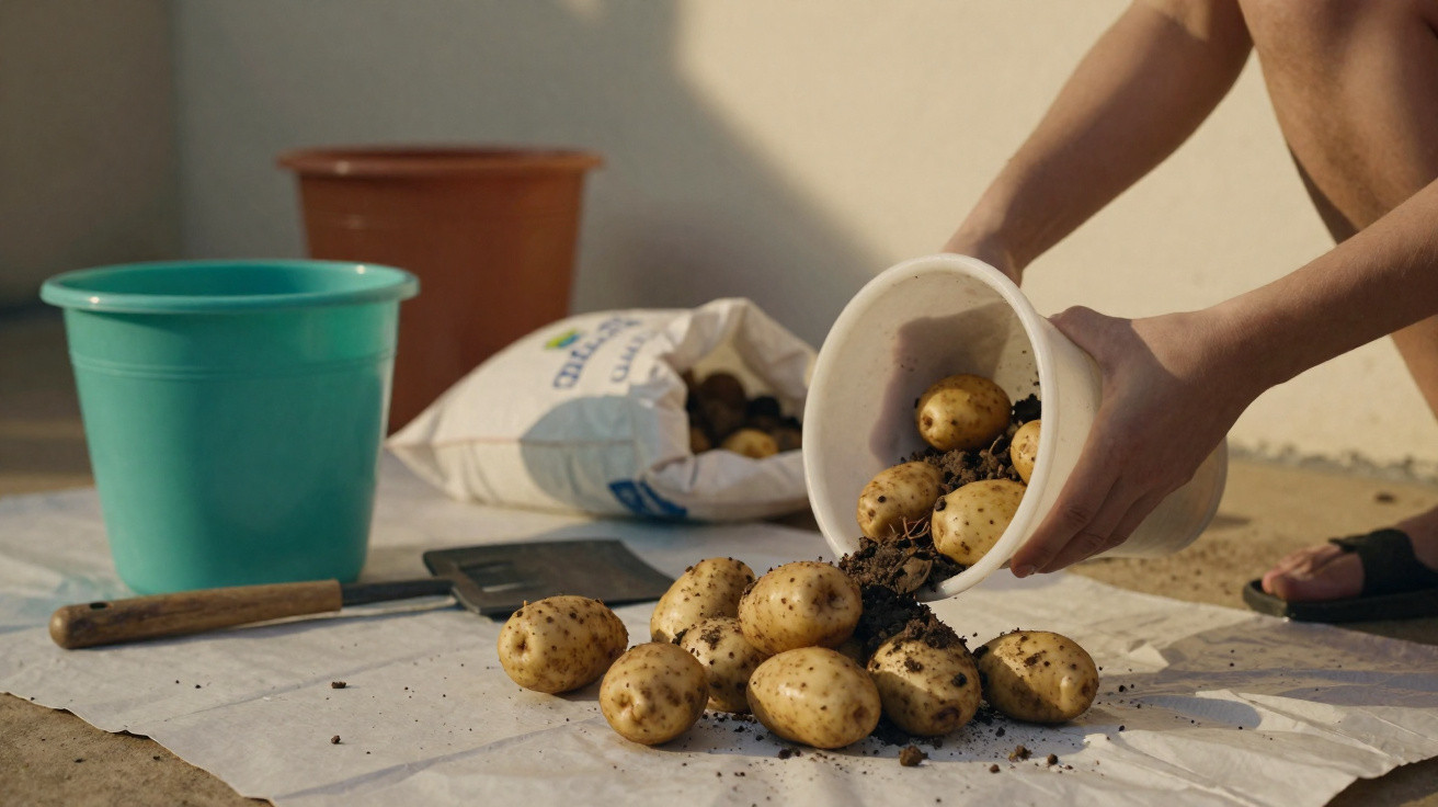 Pessoa despejando batatas com terra de um balde branco sobre um pano branco no chão.
