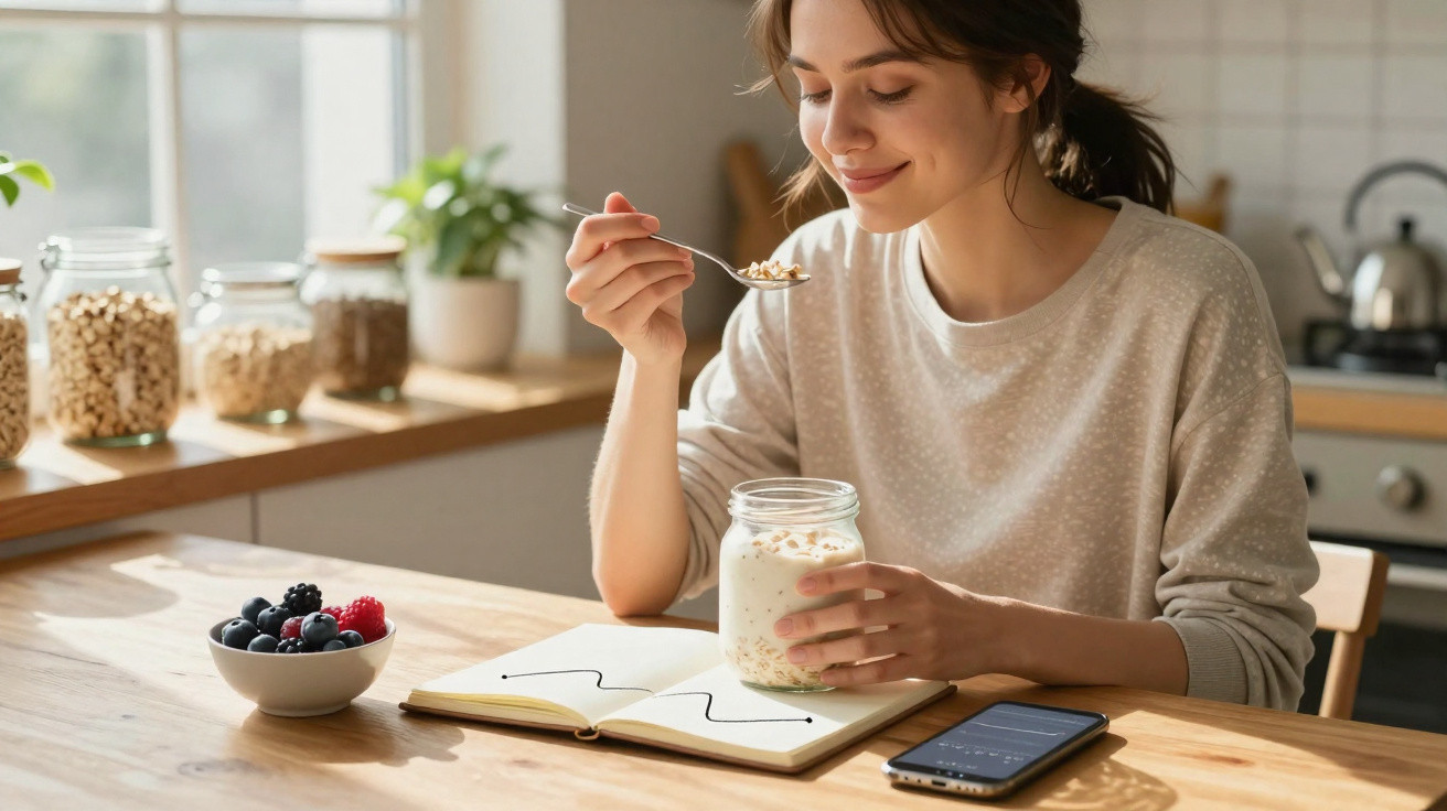 Mulher sorrindo enquanto come iogurte com granola na cozinha, com frutas, caderno e celular na mesa.