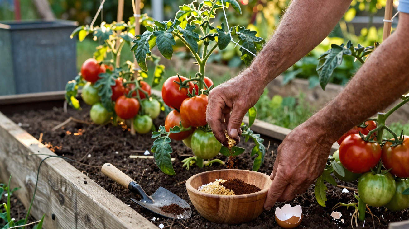 Mãos aplicando fertilizante orgânico em planta de tomate com tomates maduros e verdes em canteiro elevado.