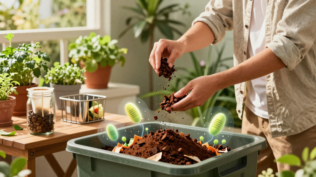 Pessoa adicionando terra em caixa de compostagem com plantas e pote de café ao fundo em ambiente interno.