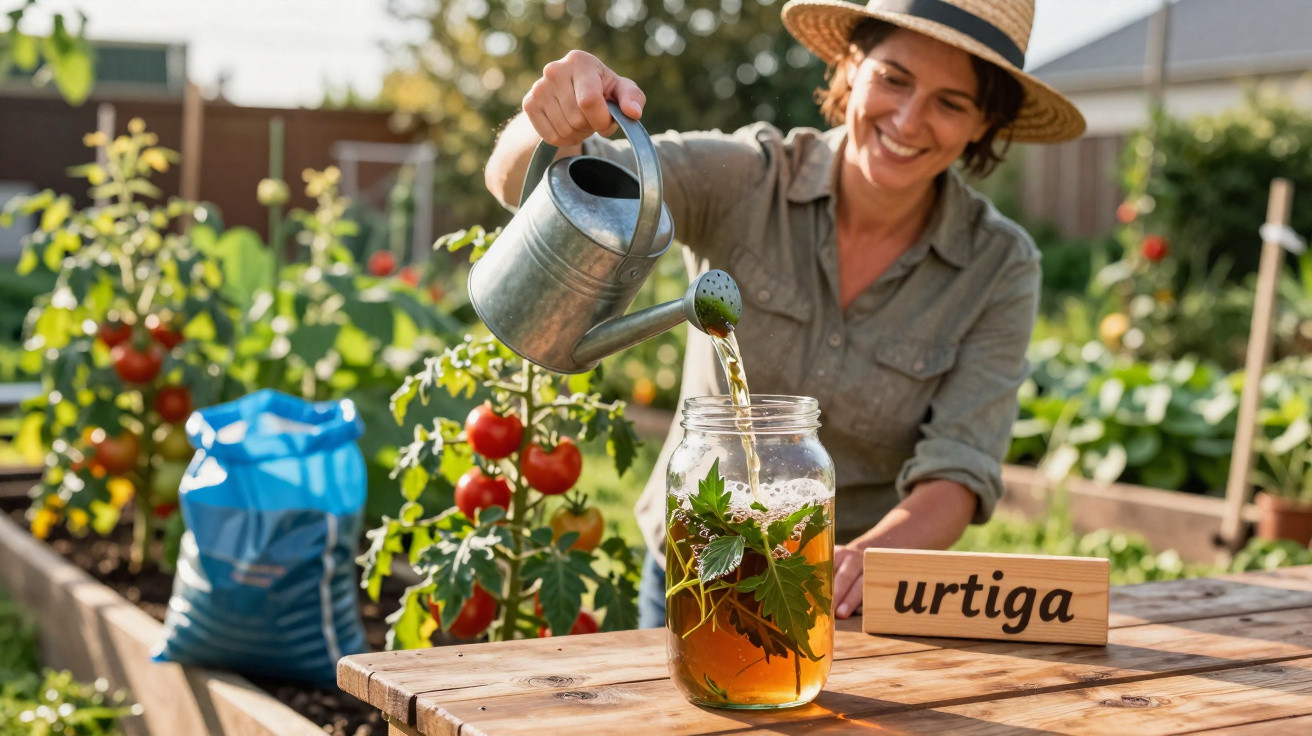Mulher regando jarro com infusão de folhas de urtiga em jardim com plantas e tomateiros.