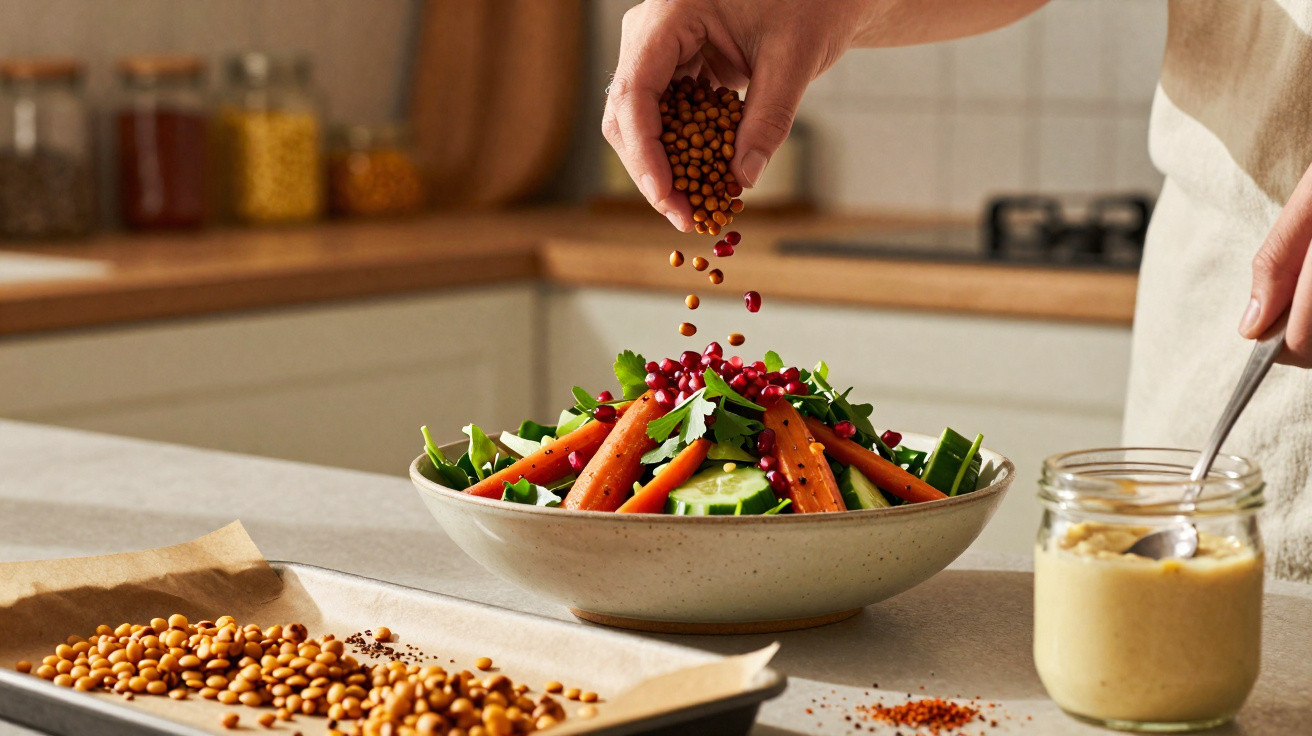 Pessoa temperando salada com grãos sobre mesa de cozinha moderna e luminosa.