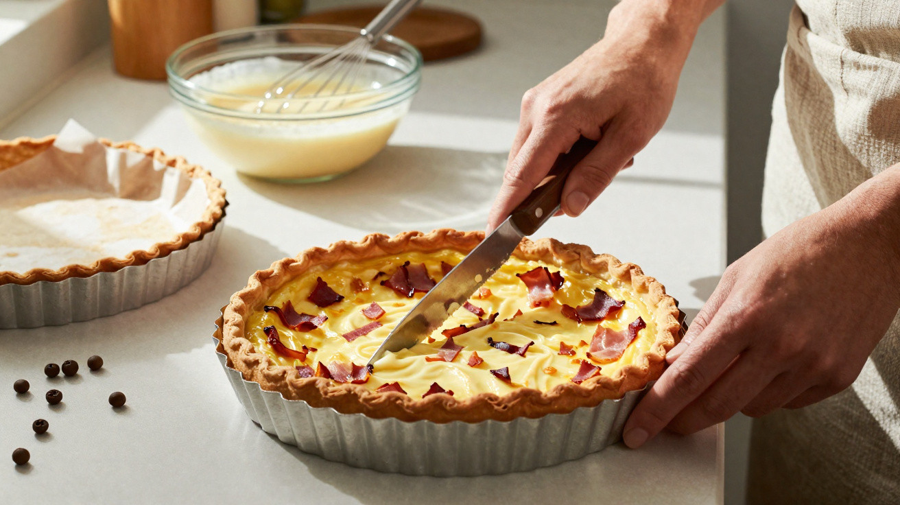 Pessoa cortando quiche com pedaços de bacon em forma de metal na bancada da cozinha.