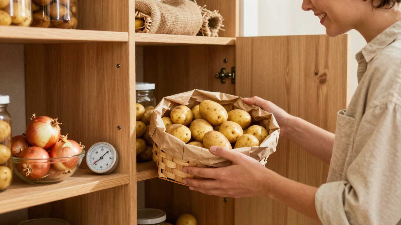 Pessoa guardando cesta com batatas em armário de madeira com cebolas e potes de vidro.
