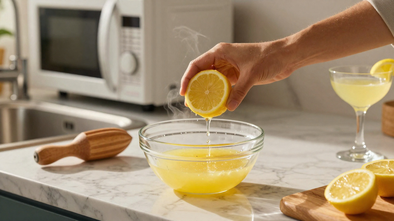Mão espremendo limão sobre uma tigela com suco, em bancada de cozinha com coqueteis e espremedor.