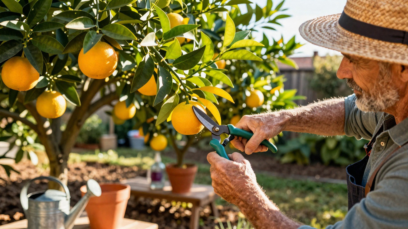 Homem colhendo laranja em pomar com tesoura de poda e chapéu de palha ao ar livre.