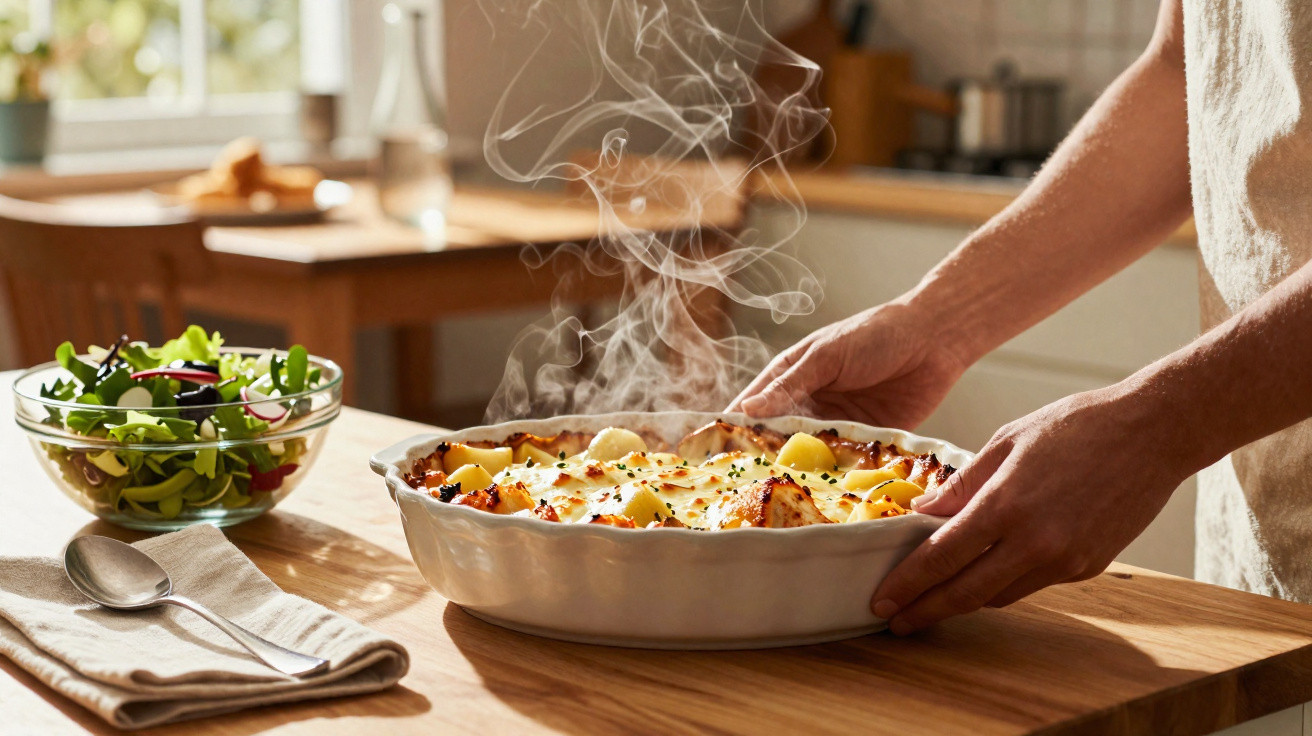 Pessoa segurando prato de comida quente com vapor em mesa de madeira com salada ao lado