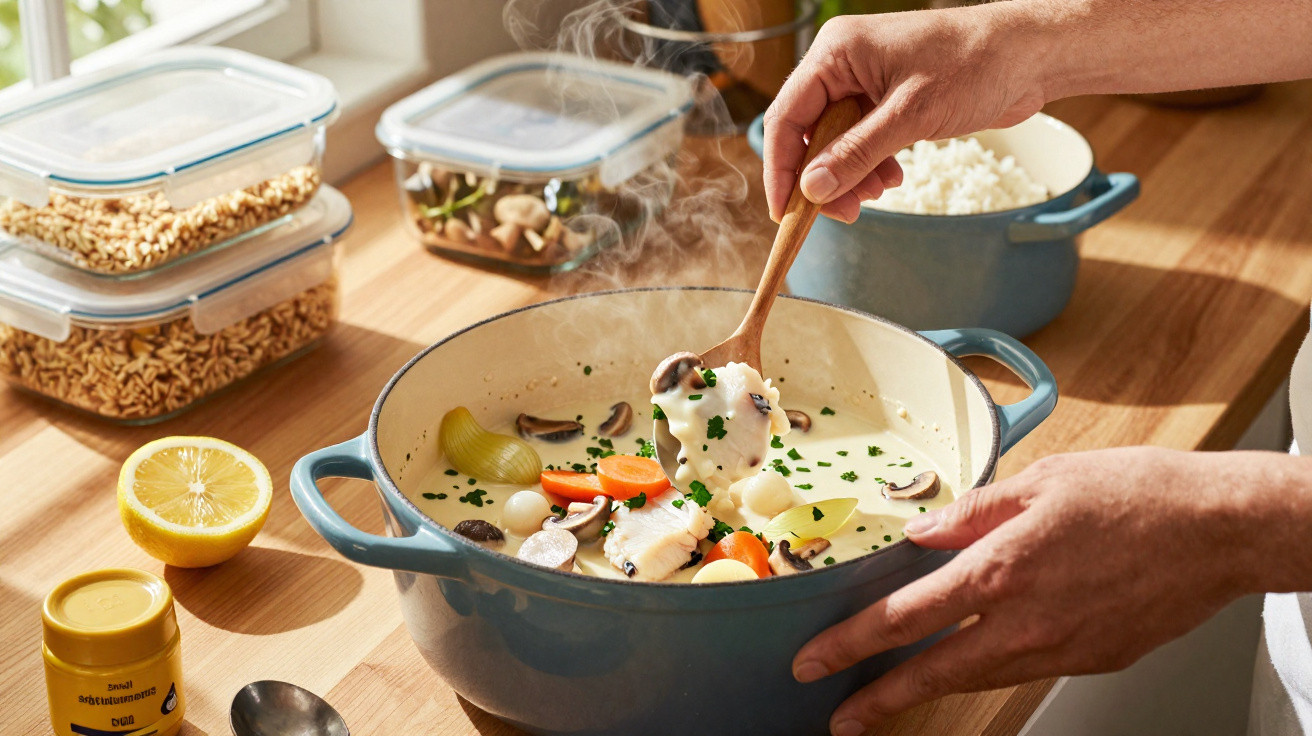 Pessoa mexendo sopa cremosa com legumes em panela azul em cozinha iluminada pela manhã.