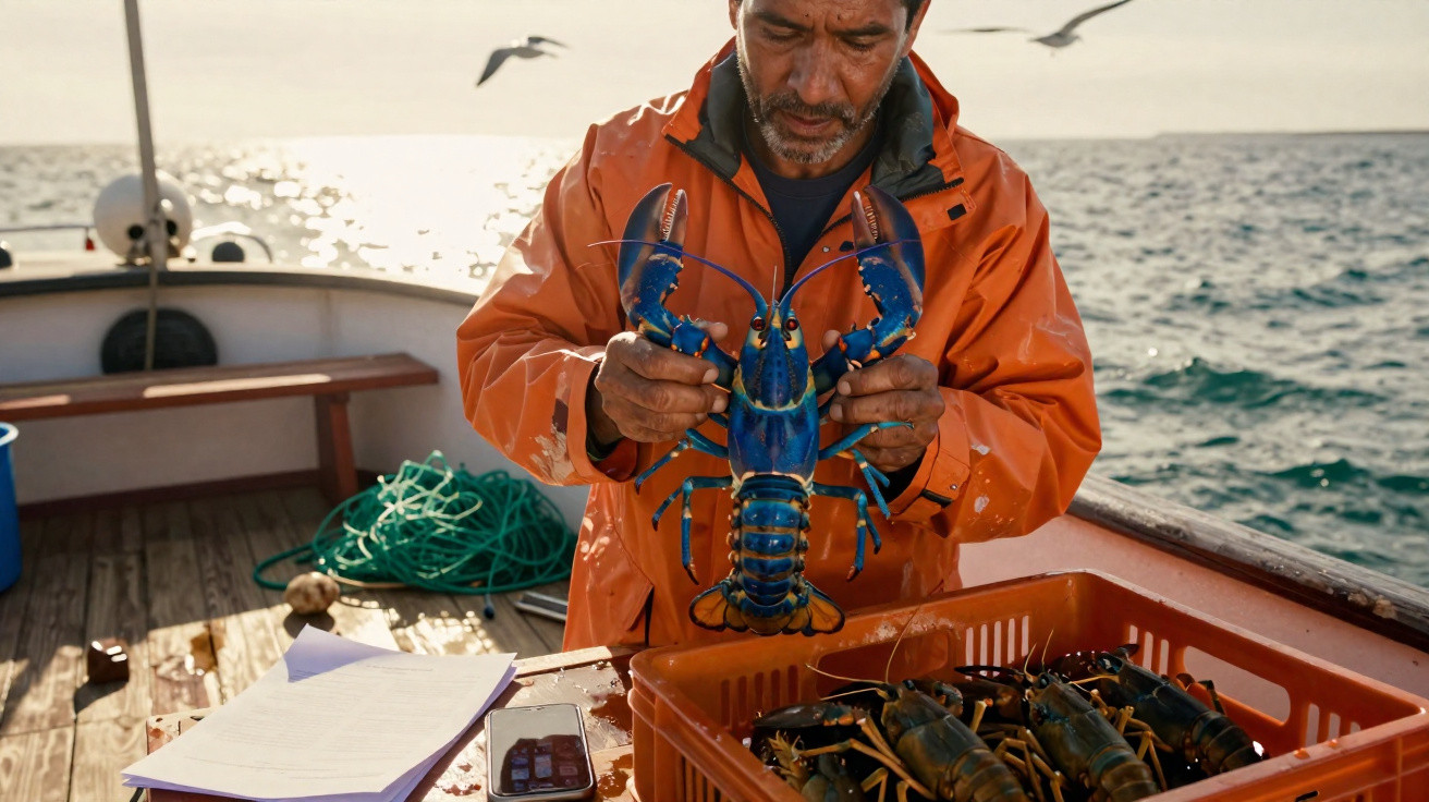 Pescador com casaco laranja segurando lagosta azul em barco com caixa cheia de lagostas no mar.