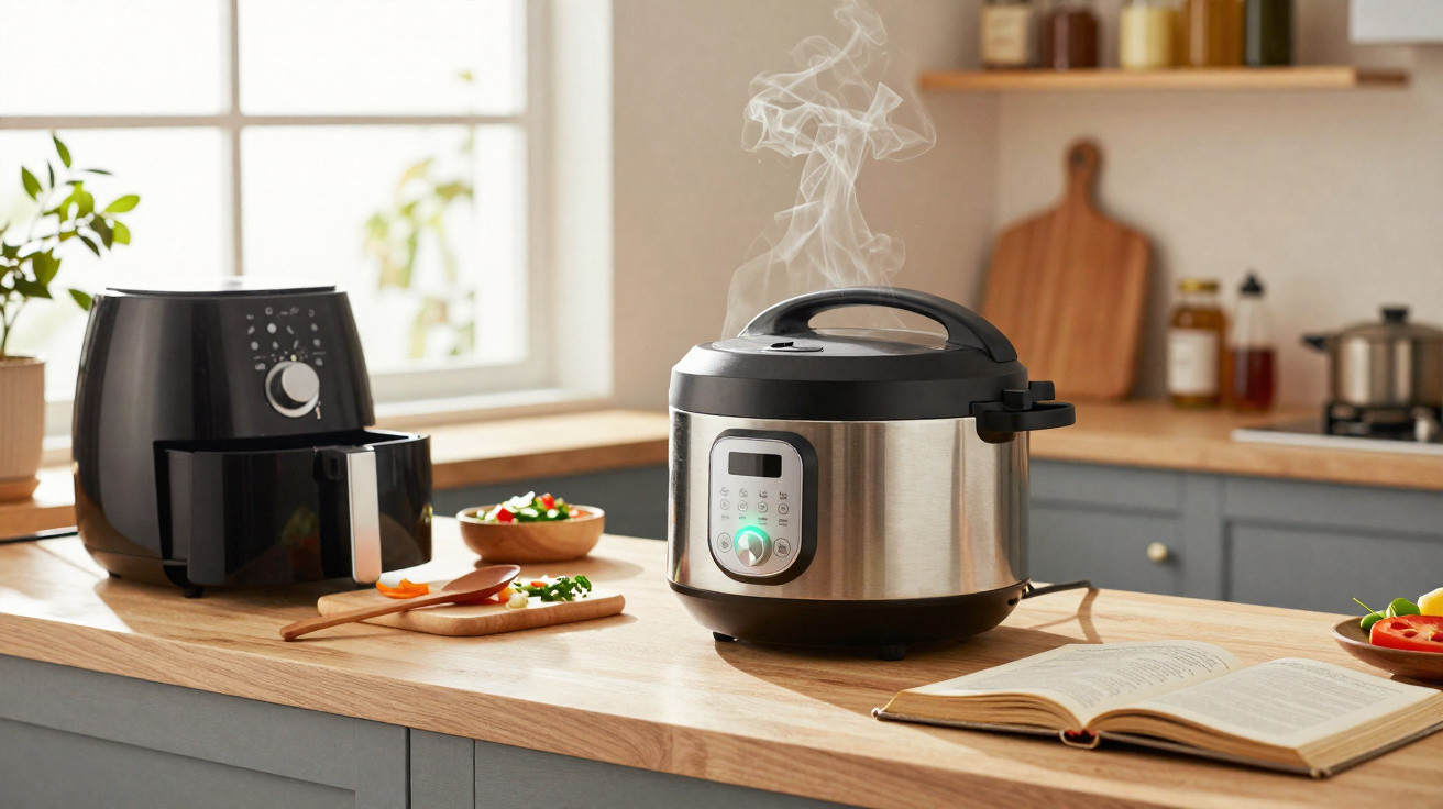 Panela elétrica e air fryer na bancada de cozinha com vapor e livro aberto.