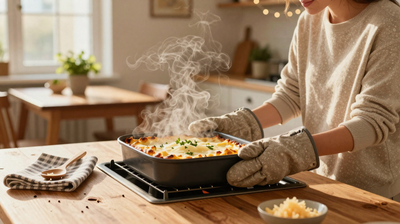 Pessoa retirando lasanha quente do forno em forma preta com luvas de forno na cozinha.
