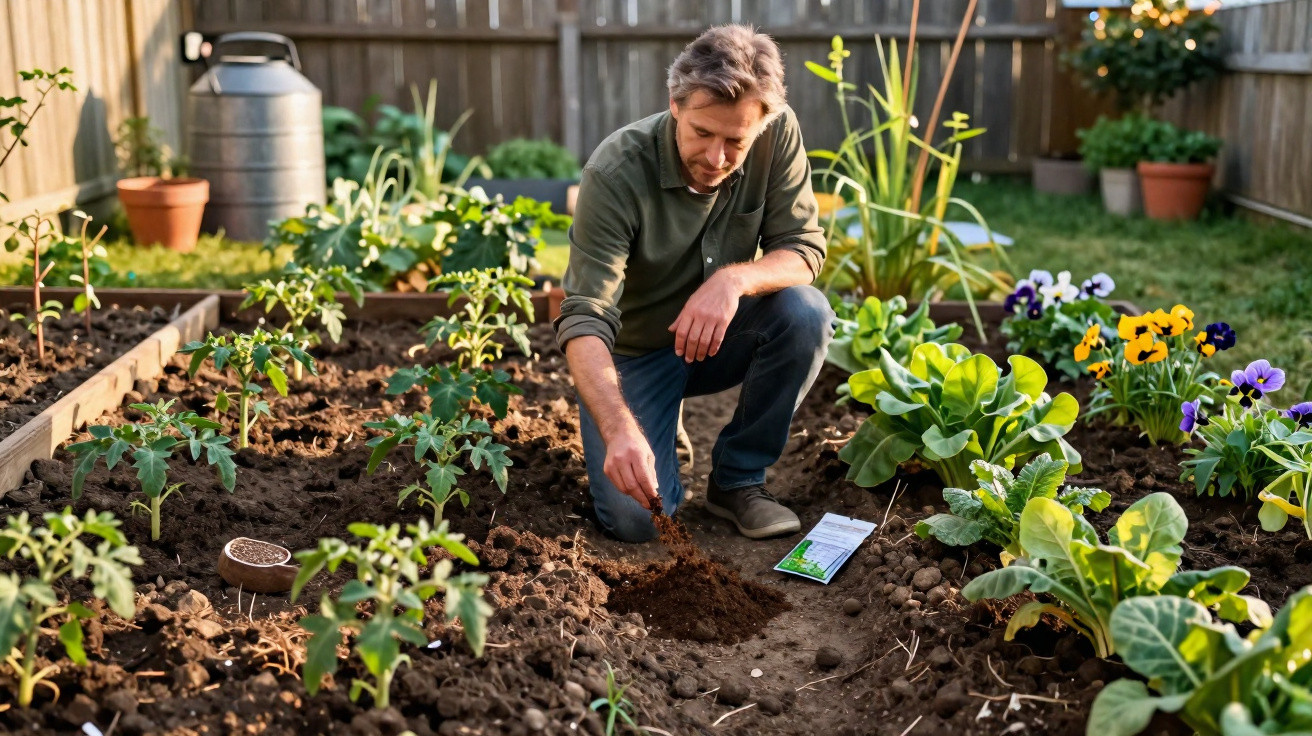 Homem cuidando de horta caseira plantando sementes no solo em jardim com plantas e flores ao redor.