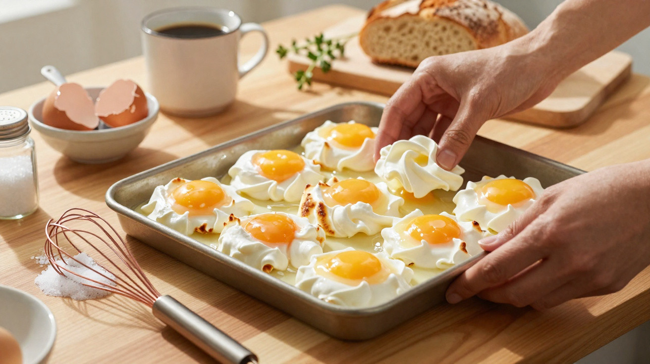 Mãos segurando uma forma com ovos na clara batida e gemas inteiras, ao lado, café, pão e utensílios de cozinha.