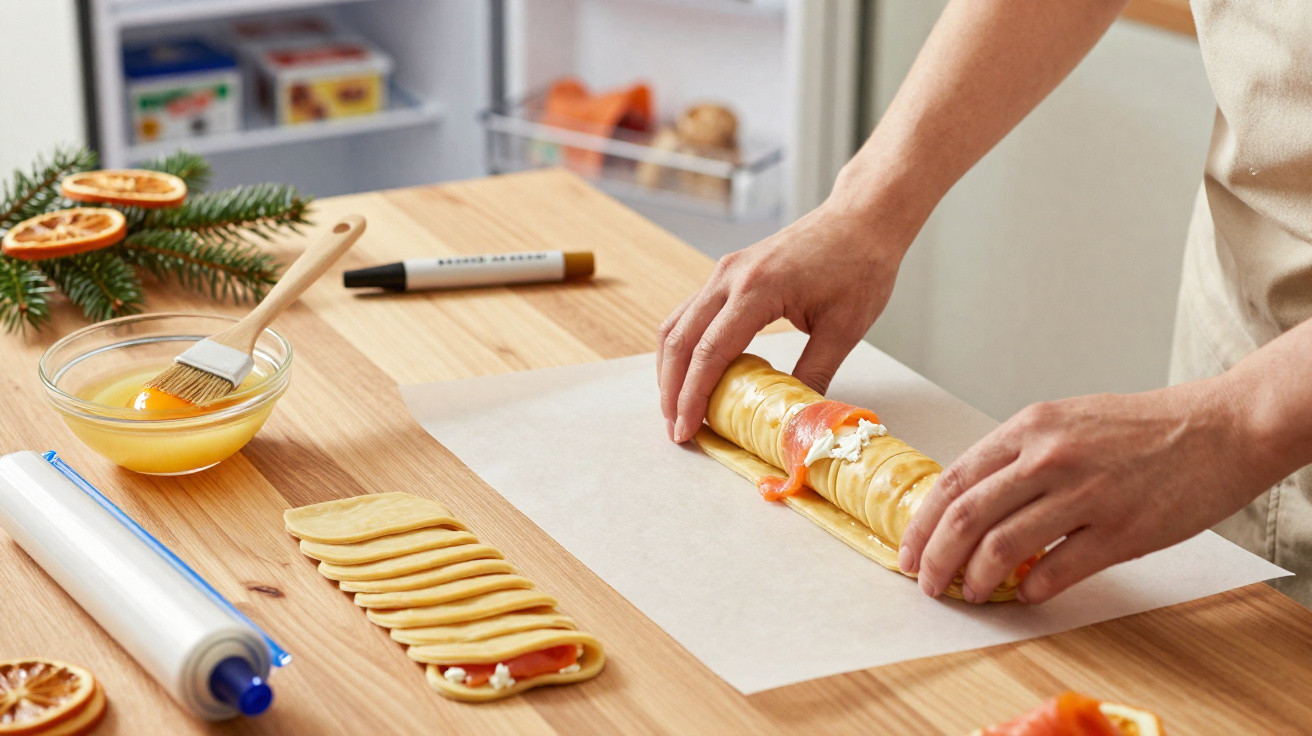 Mãos enrolando massa com recheio de salmão e queijo em bancada de madeira na cozinha.