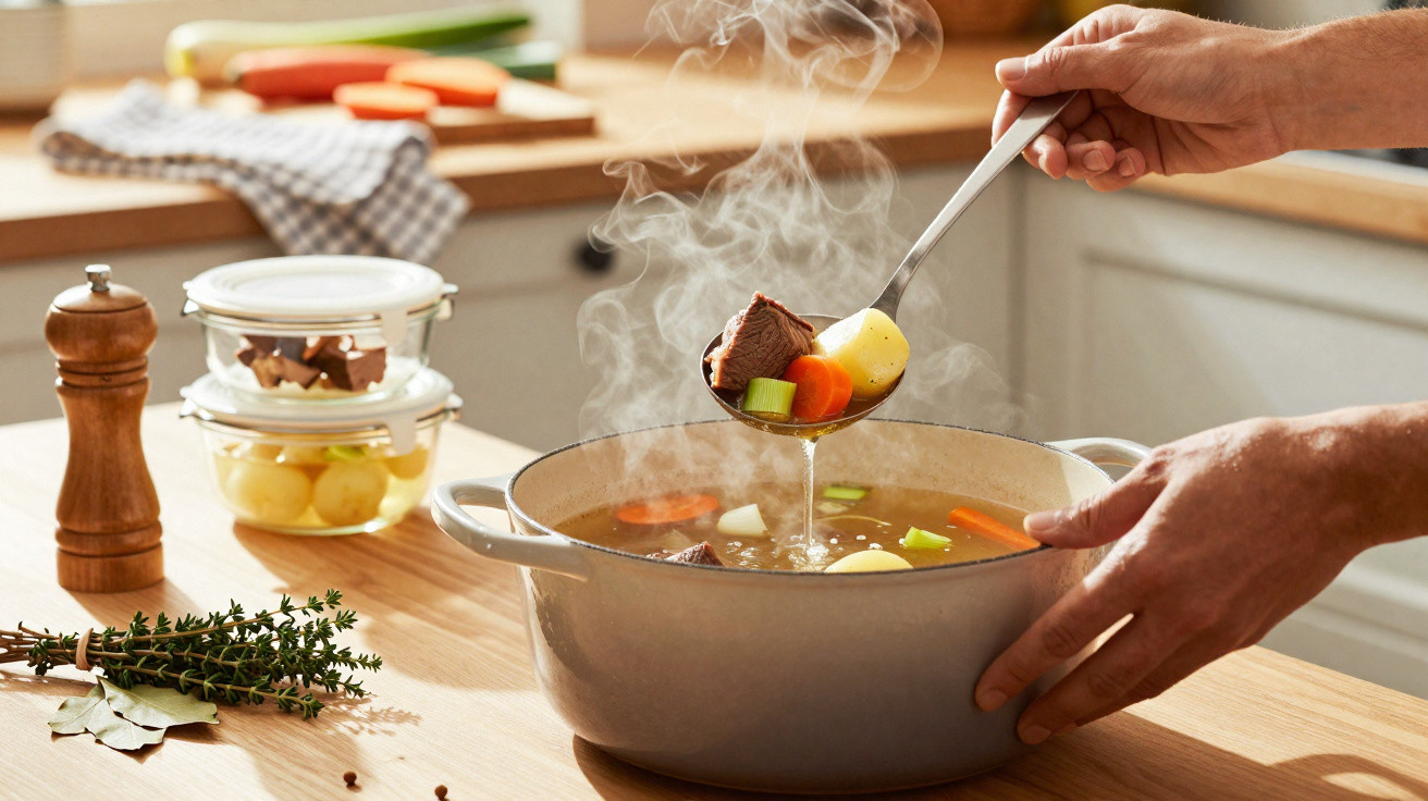 Pessoa servindo sopa quente com legumes e carne em panela na cozinha iluminada natural.