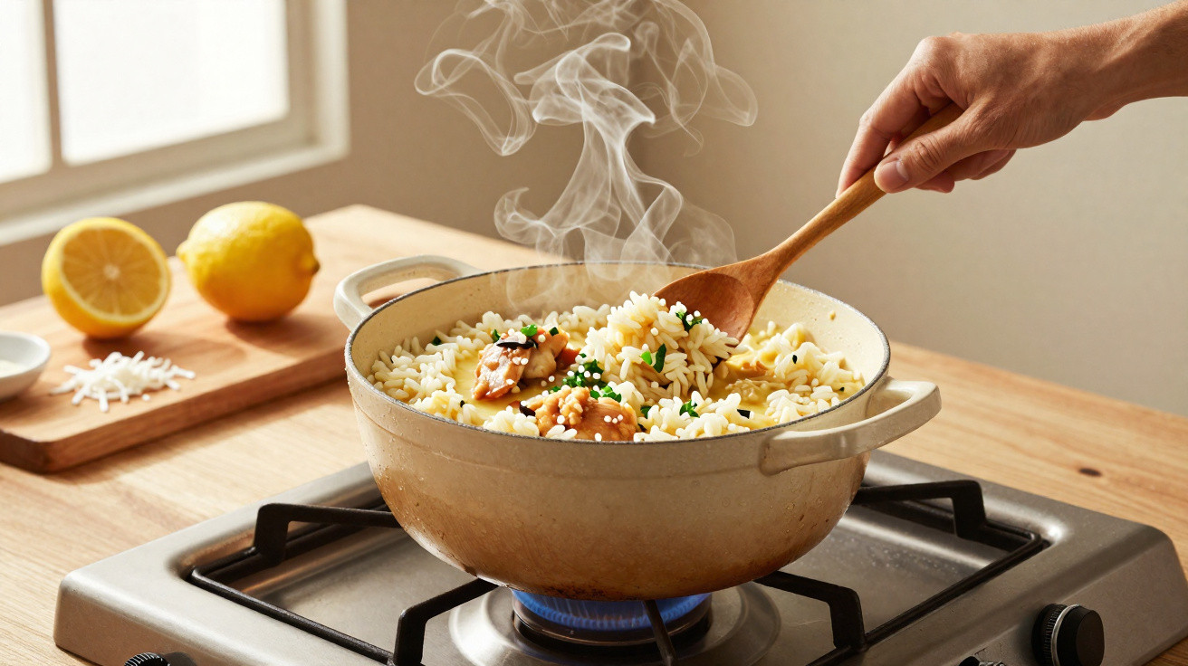Panela com arroz e legumes sendo mexida em fogão a gás com fumaça saindo e limões ao fundo.