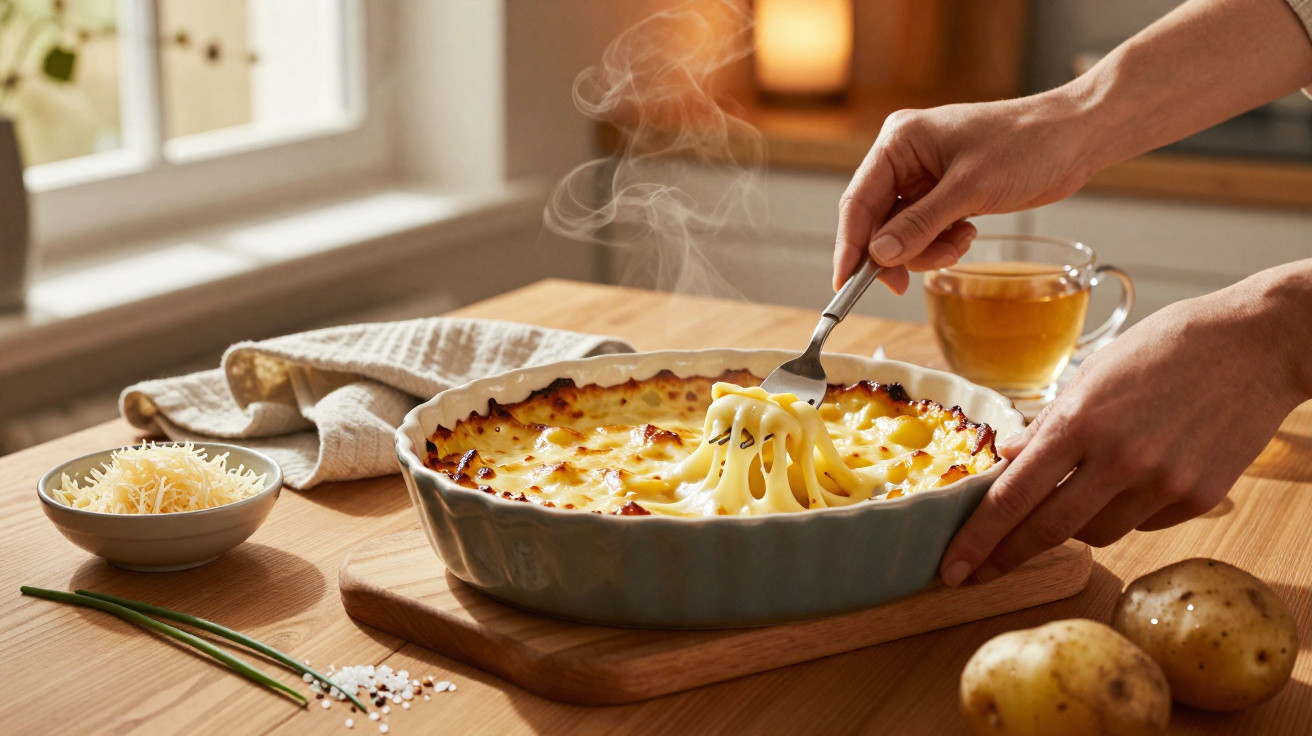 Mãos puxando macarrão gratinado quente em travessa, ao lado de batatas, queijo ralado e xícara de chá.
