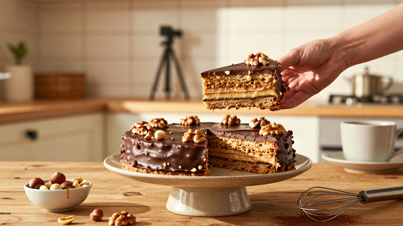 Bolo de chocolate com nozes e amendoim sendo servido em fatia sobre suporte em cozinha.
