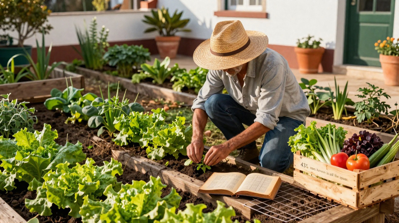 Pessoa com chapéu cultivando verduras em horta caseira, ao lado de caixa com legumes frescos e livro aberto.