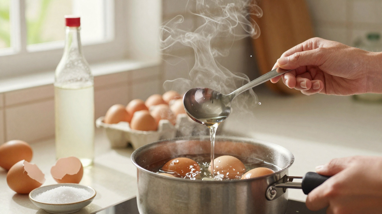 Cozinhando ovos em panela com água fervente, sal e uma colher adicionando líquido sobre os ovos.