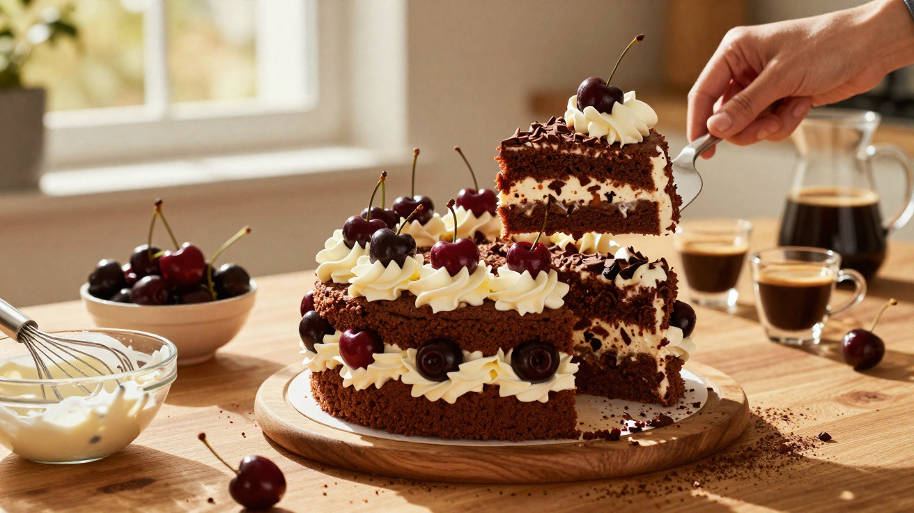Bolo de chocolate com chantilly e cerejas frescas em prato de madeira, ao lado de café e utensílios.