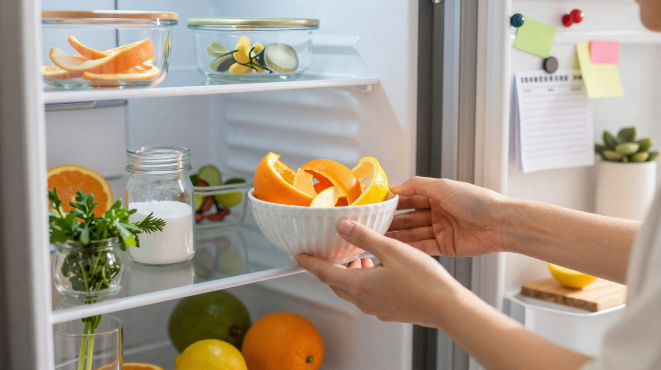 Mãos colocando tigela com cascas de laranja na prateleira do refrigerador com frutas e temperos.