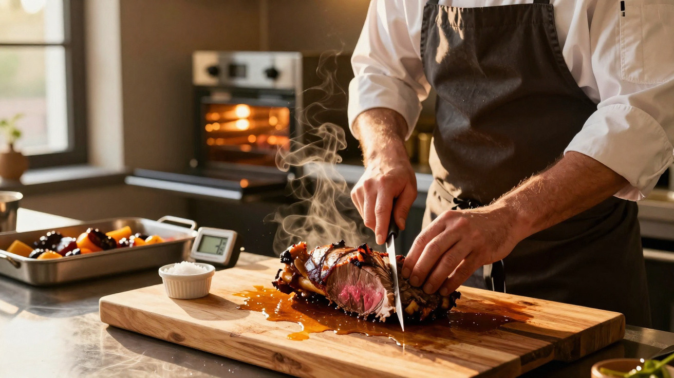 Chef cortando carne assada suculenta sobre tábua de madeira em cozinha profissional.