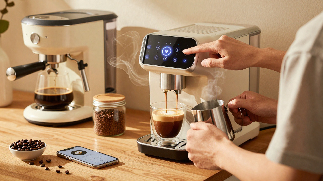 Pessoa preparando café com máquina automática num balcão de cozinha com grãos, jarra e celular.