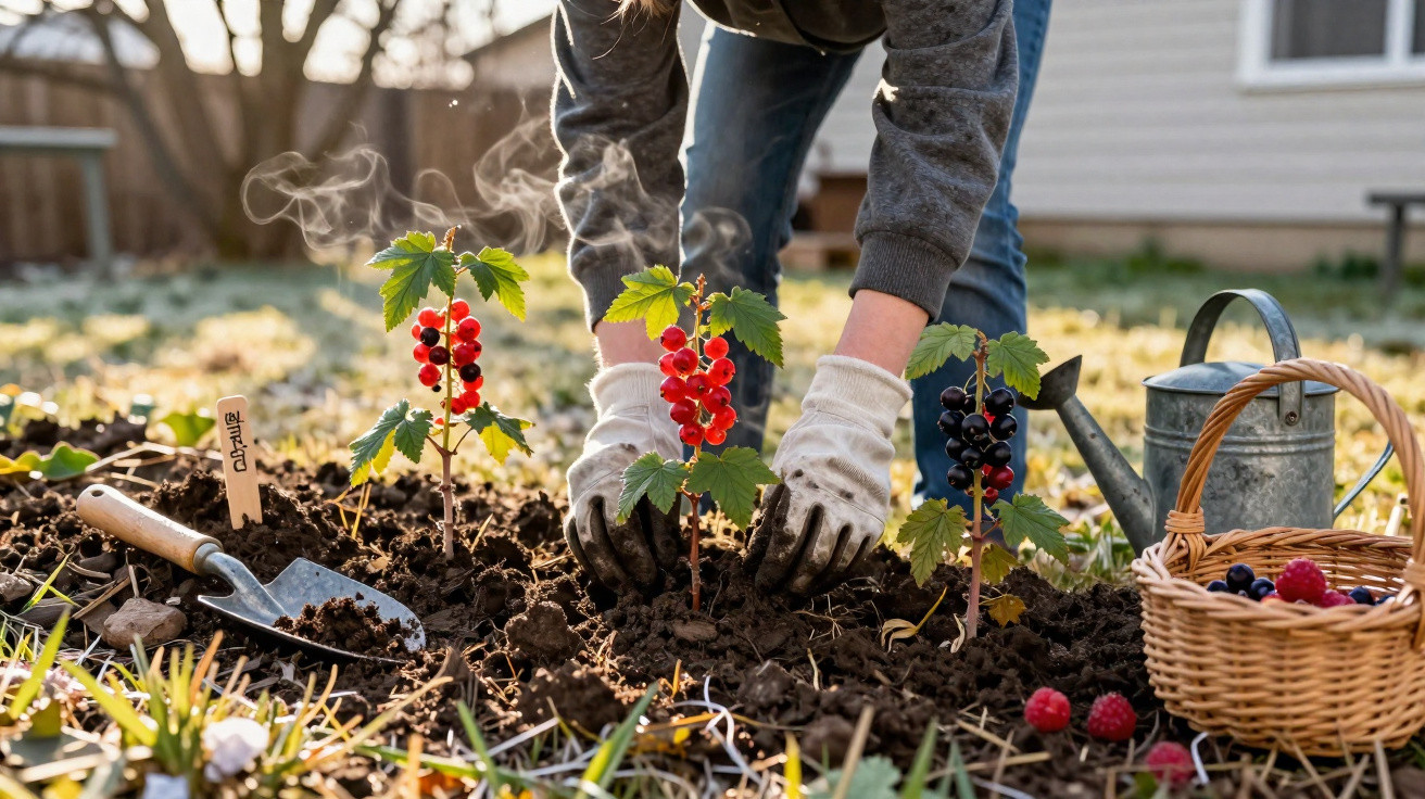 Pessoa plantando mudas de groselha vermelha e preta em jardim ao ar livre, com regador e cesta de frutas.