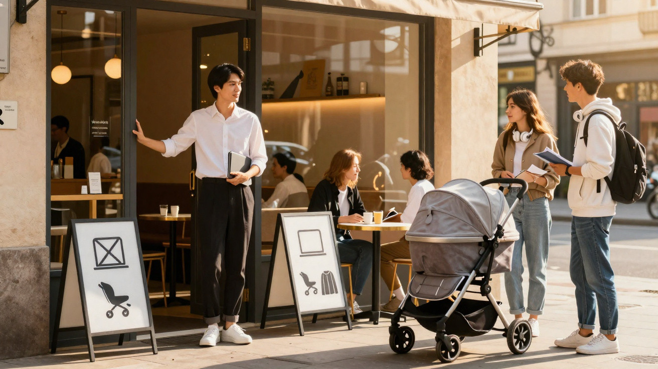 Casal com carrinho de bebê em fila para entrar em café enquanto homem abre porta para eles.