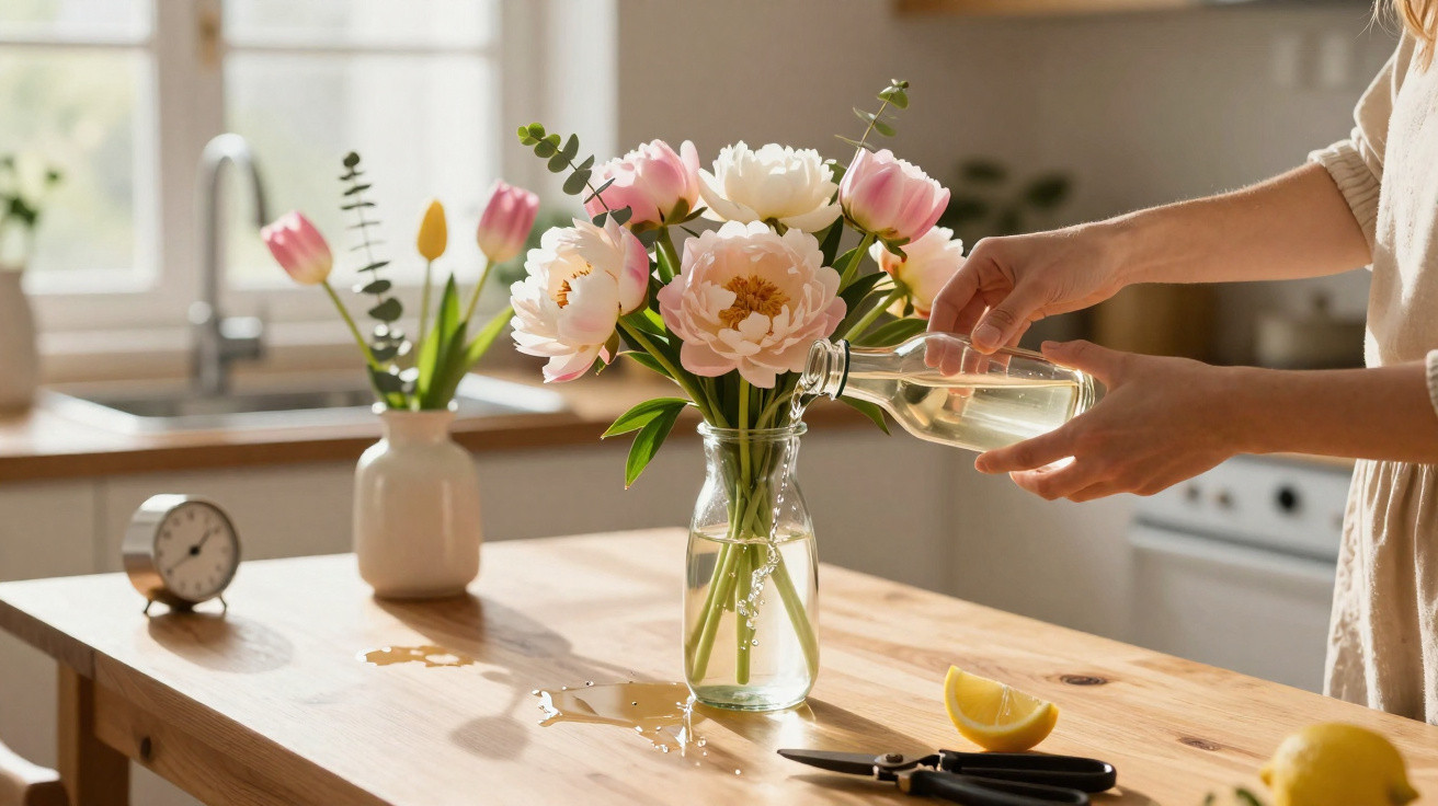 Pessoa regando flores em vaso de vidro sobre mesa de madeira clara em cozinha iluminada.