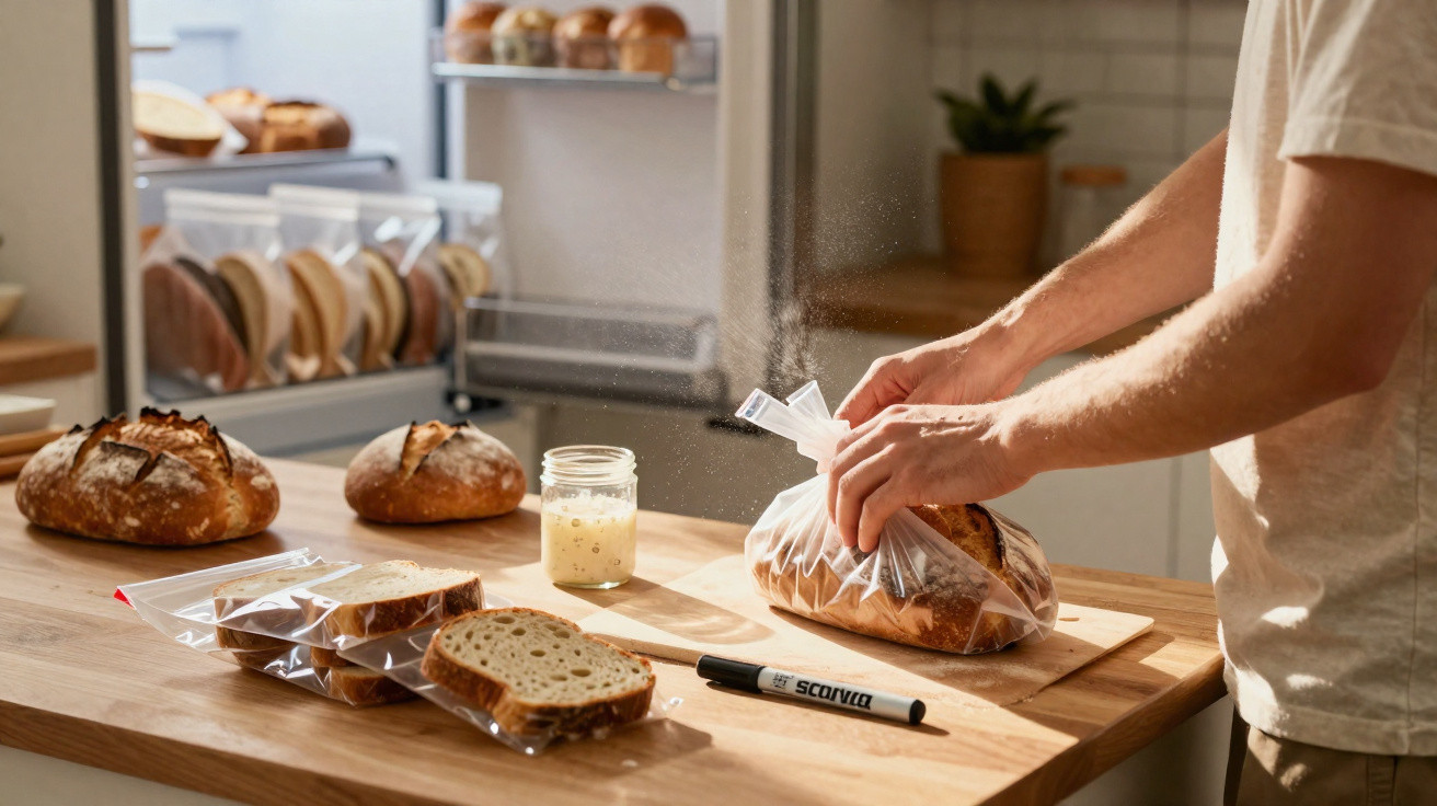 Pessoa embalando pão caseiro em saco plástico na cozinha com outros pães e marcador sobre a mesa de madeira.