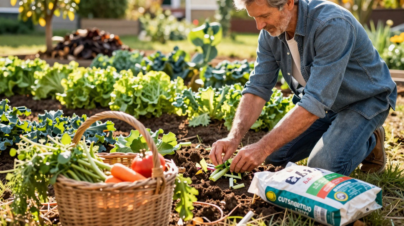 Homem cuidando de plantas em horta com cesta de legumes frescos ao lado em jardim ensolarado.
