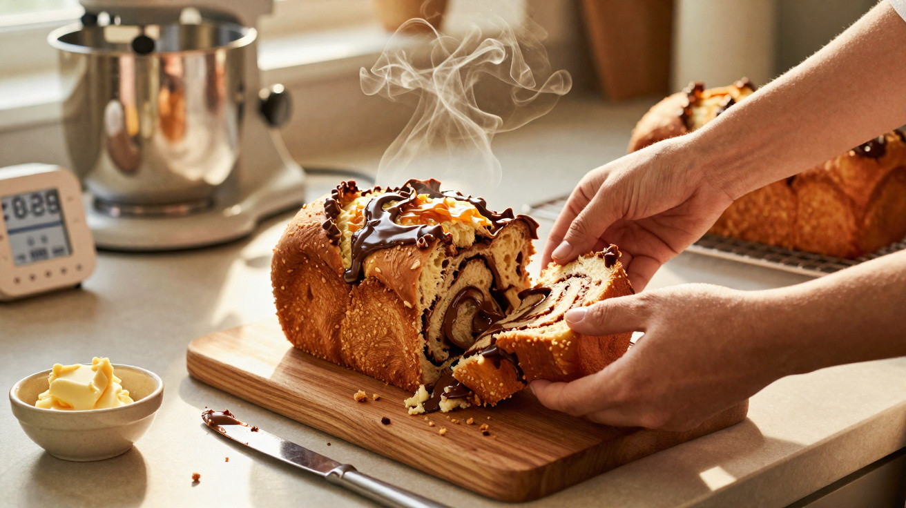 Pão doce quente com cobertura de chocolate sendo fatiado sobre tábua de madeira na cozinha.