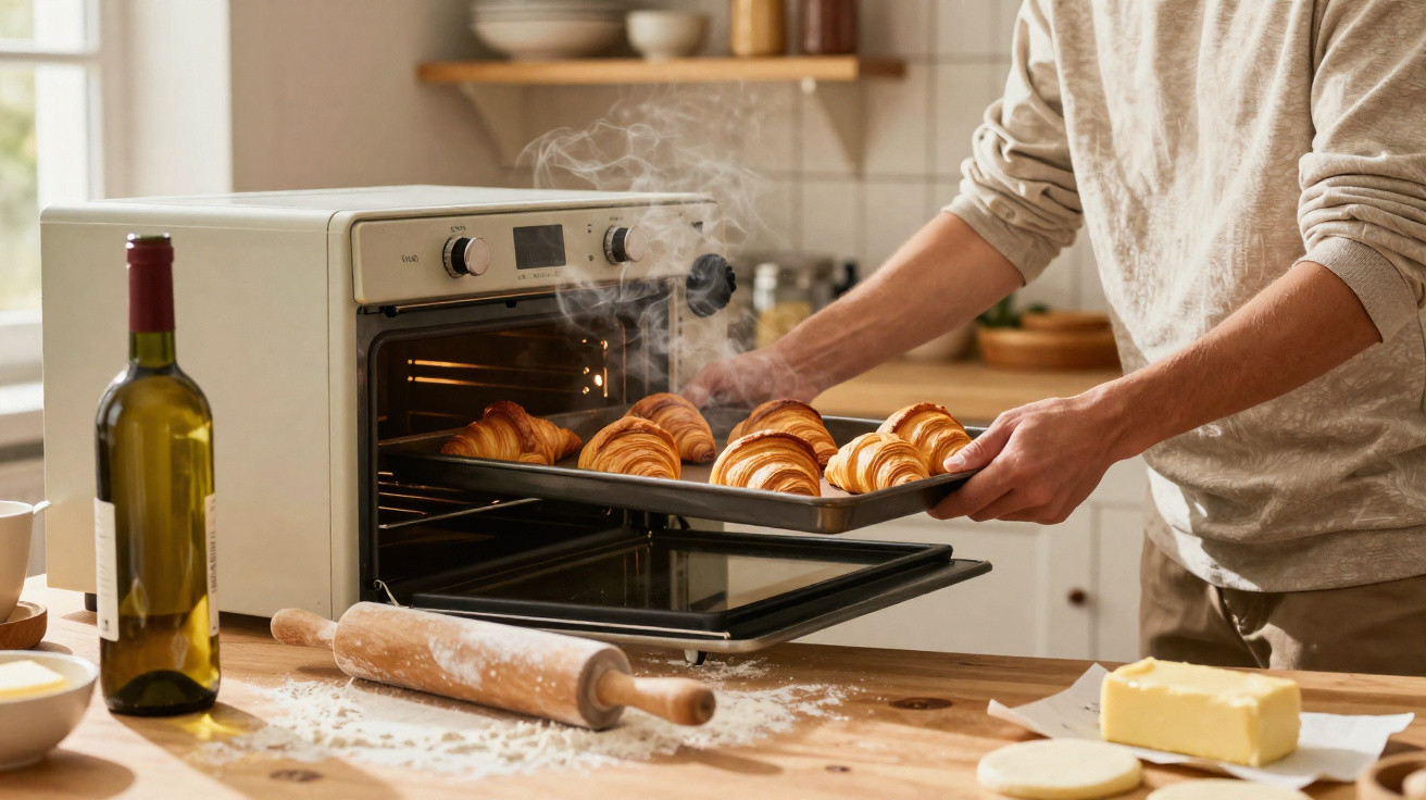 Pessoa retirando tabuleiro com croissants quentes de forno elétrico em cozinha iluminada e rústica.