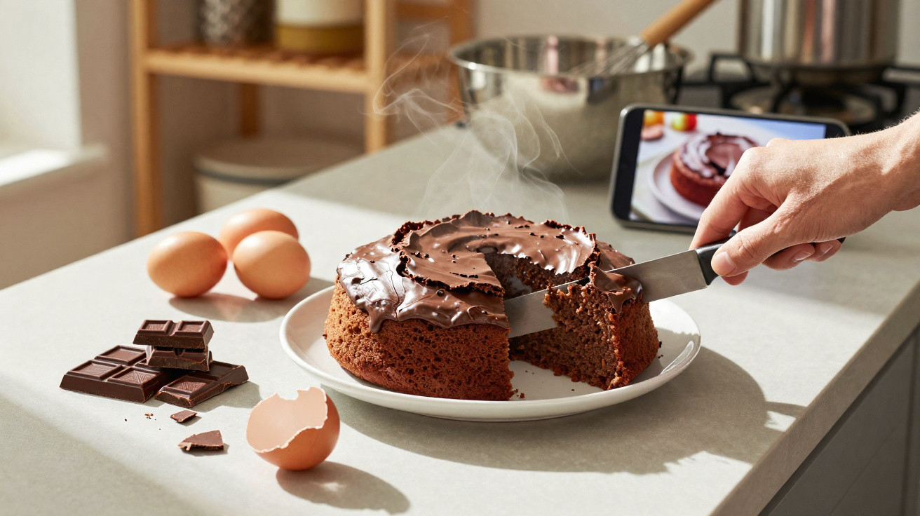 Pessoa cortando bolo de chocolate quente com cobertura em bancada de cozinha, com ovos e chocolate ao lado.