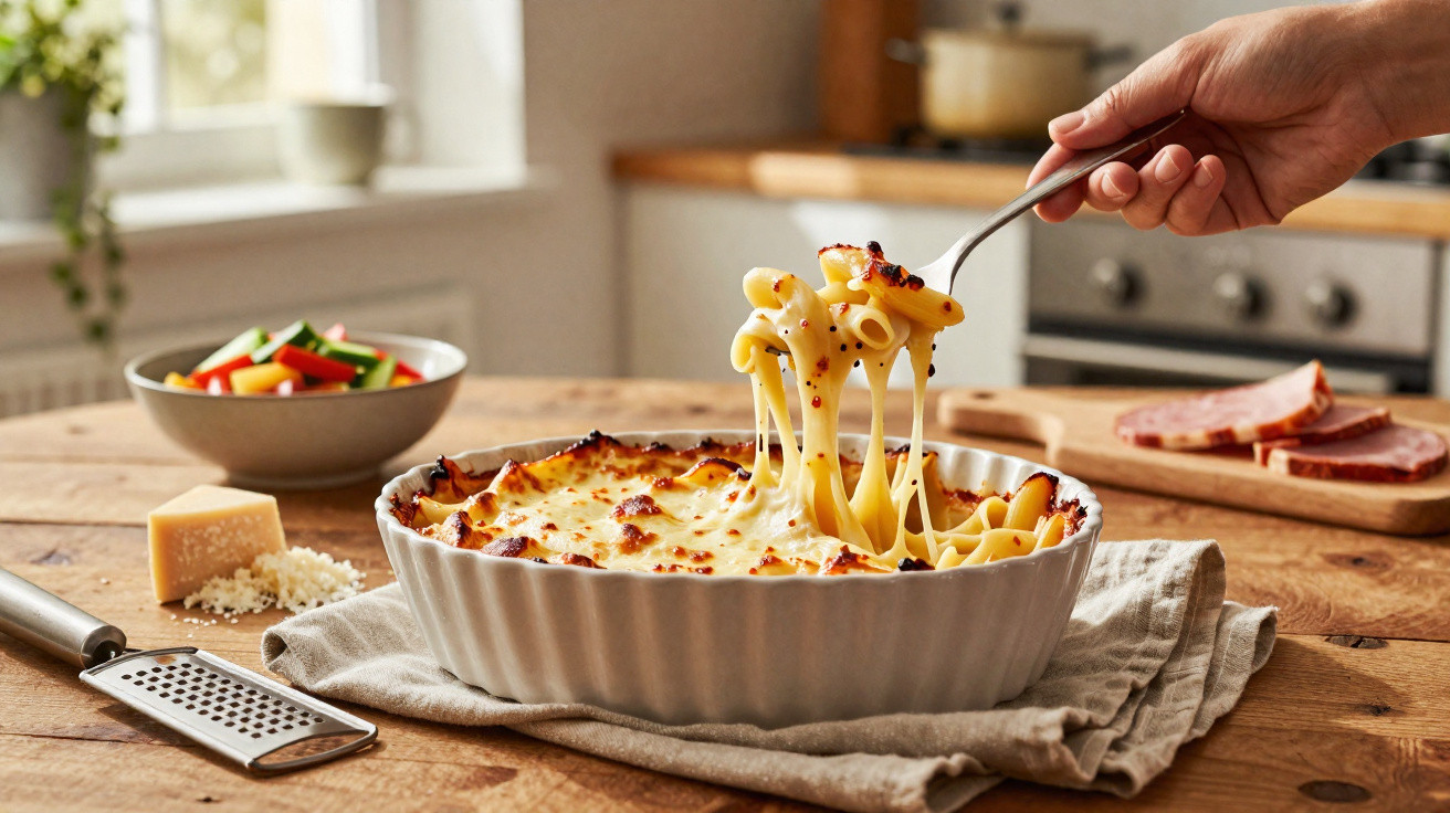 Mão pegando porção de macarrão gratinado com queijo em panela branca sobre mesa de madeira.
