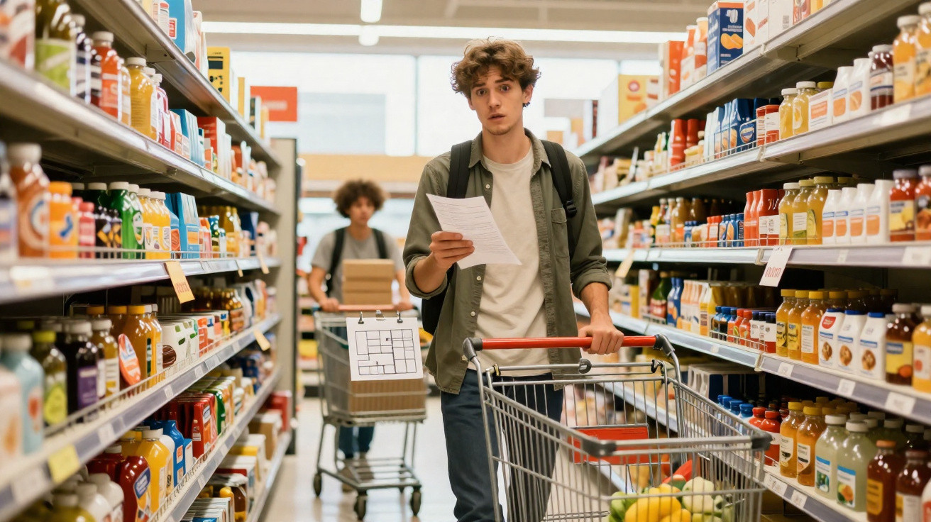 Jovem olhando lista de compras no corredor de supermercado com carrinho cheio de frutas e sucos nas prateleiras.