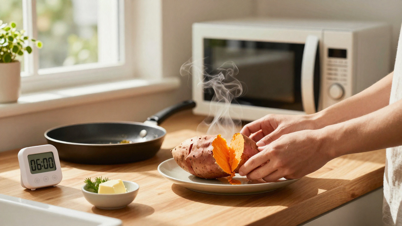 Pessoa abrindo batata-doce quente no prato em cozinha com micro-ondas e frigideira ao fundo.