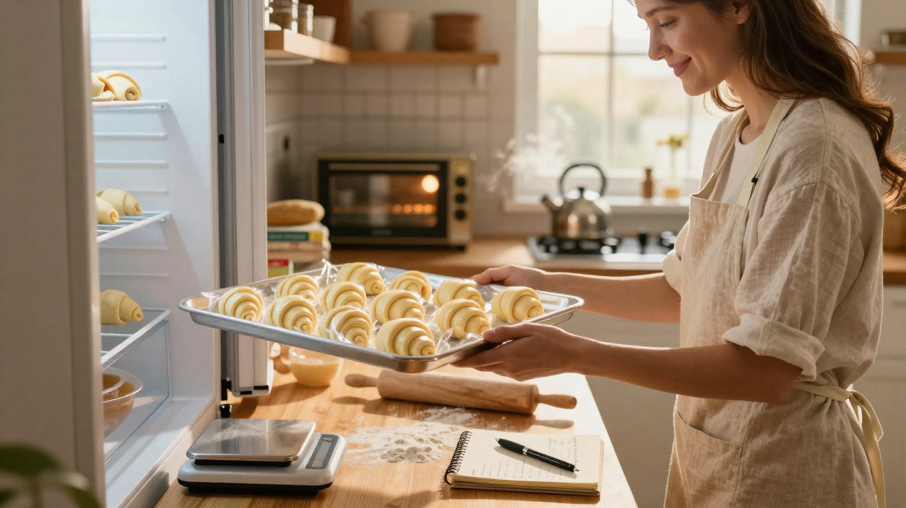 Mulher sorrindo tira assadeira com croissants do forno em cozinha iluminada e acolhedora.