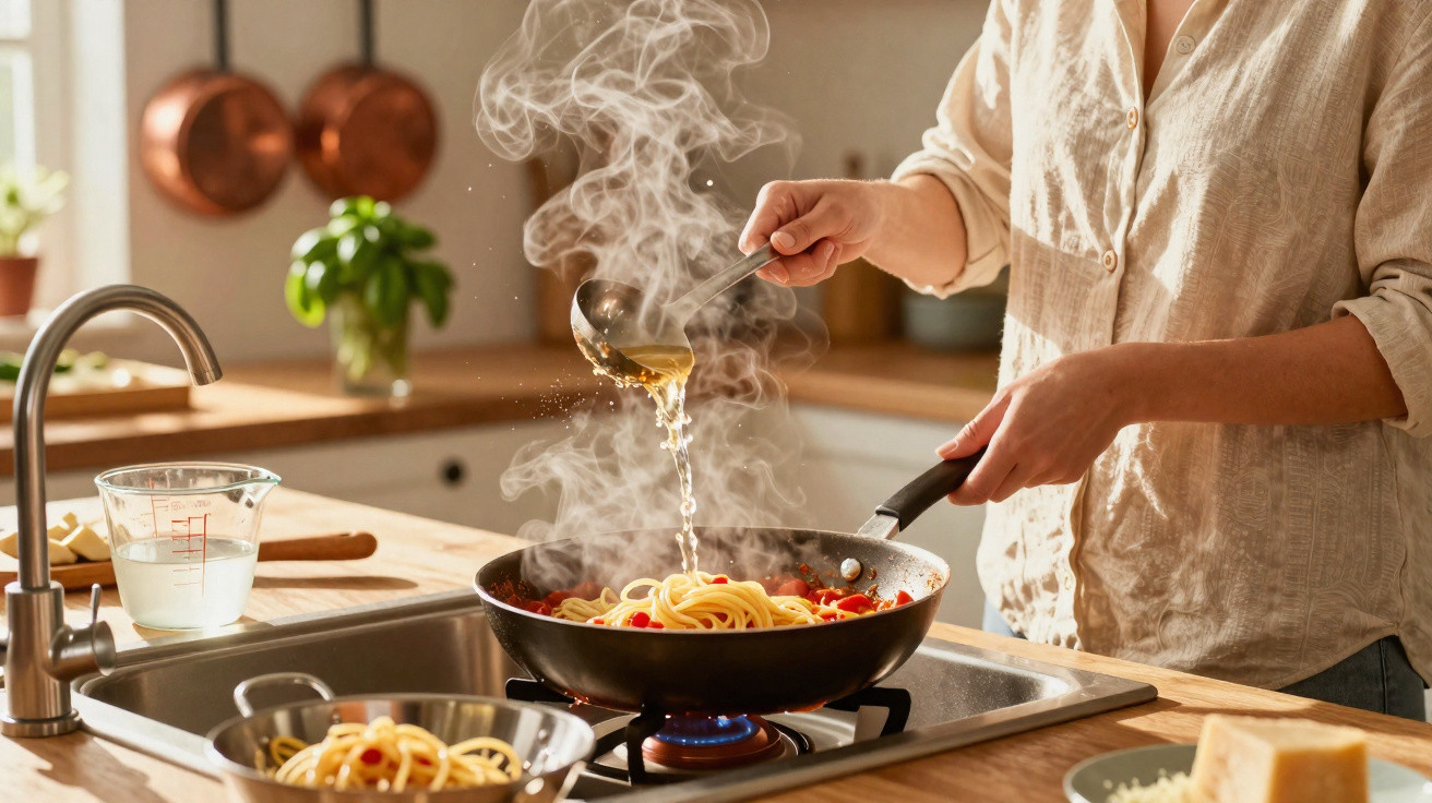 Pessoa cozinhando macarrão com molho em frigideira sobre fogão em cozinha iluminada e moderna.
