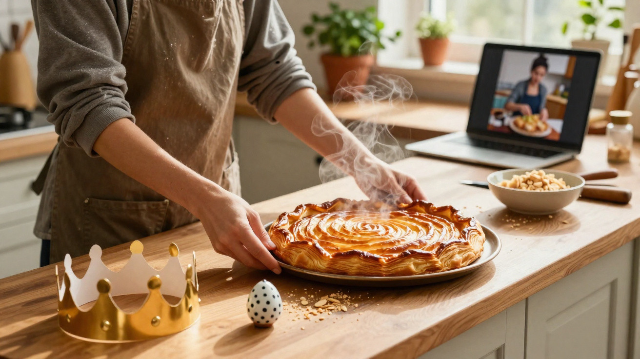 Pessoa colocando torta quente na bancada de cozinha com coroa, ovo decorado e vídeo em laptop ao fundo.