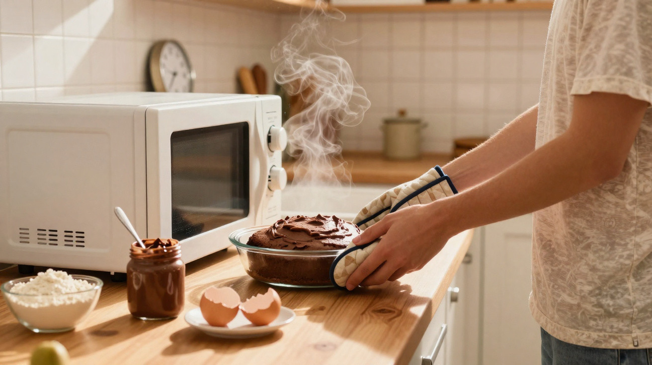 Pessoa retirando bolo quente com cobertura de chocolate do forno micro-ondas em cozinha iluminada.