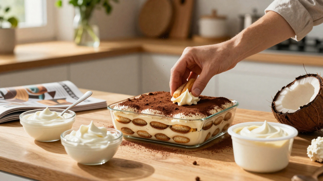 Pessoa pegando biscoito de sobremesa tiramisu com creme em tigela na bancada da cozinha.