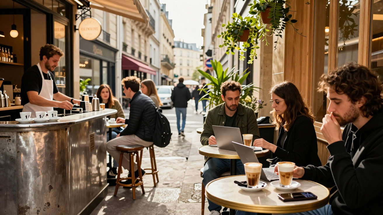 Pessoas sentadas e conversando em mesas ao ar livre de cafeteria em rua movimentada de cidade europeia.