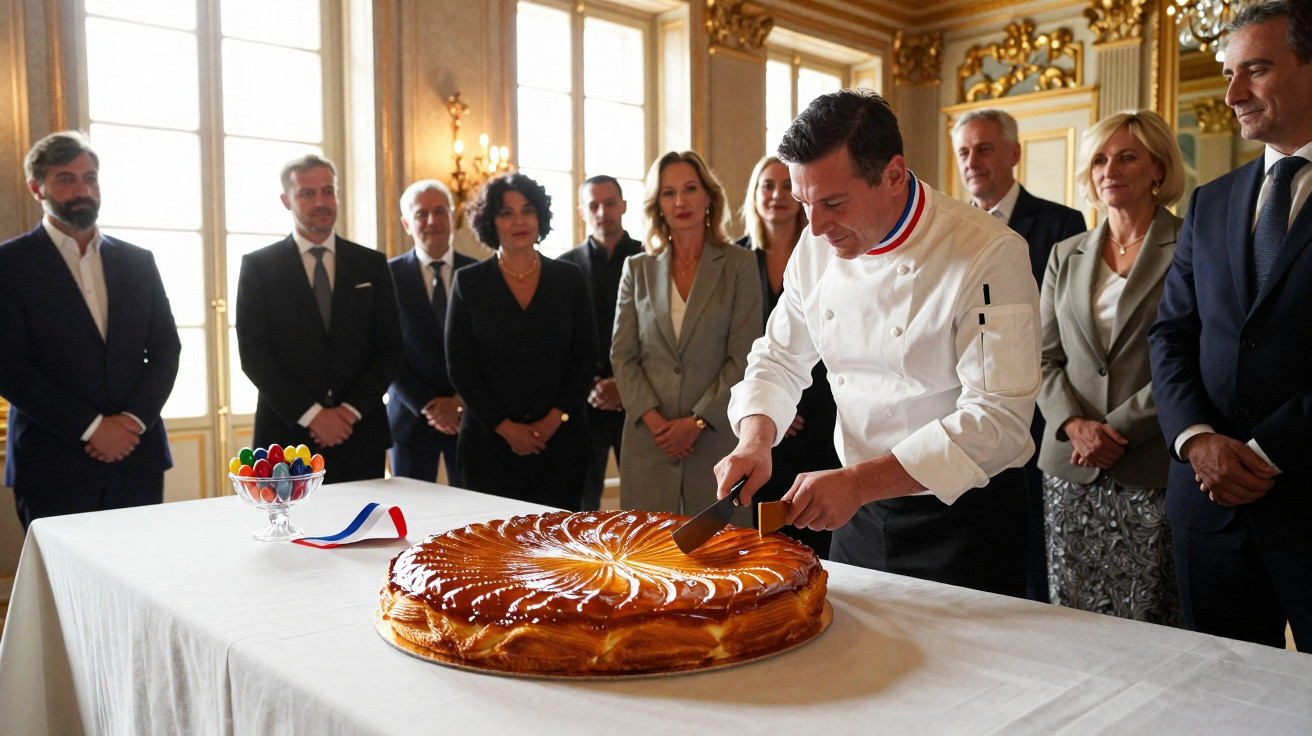 Chef cortando grande galette des rois em mesa com pessoas vestindo roupas formais ao fundo.