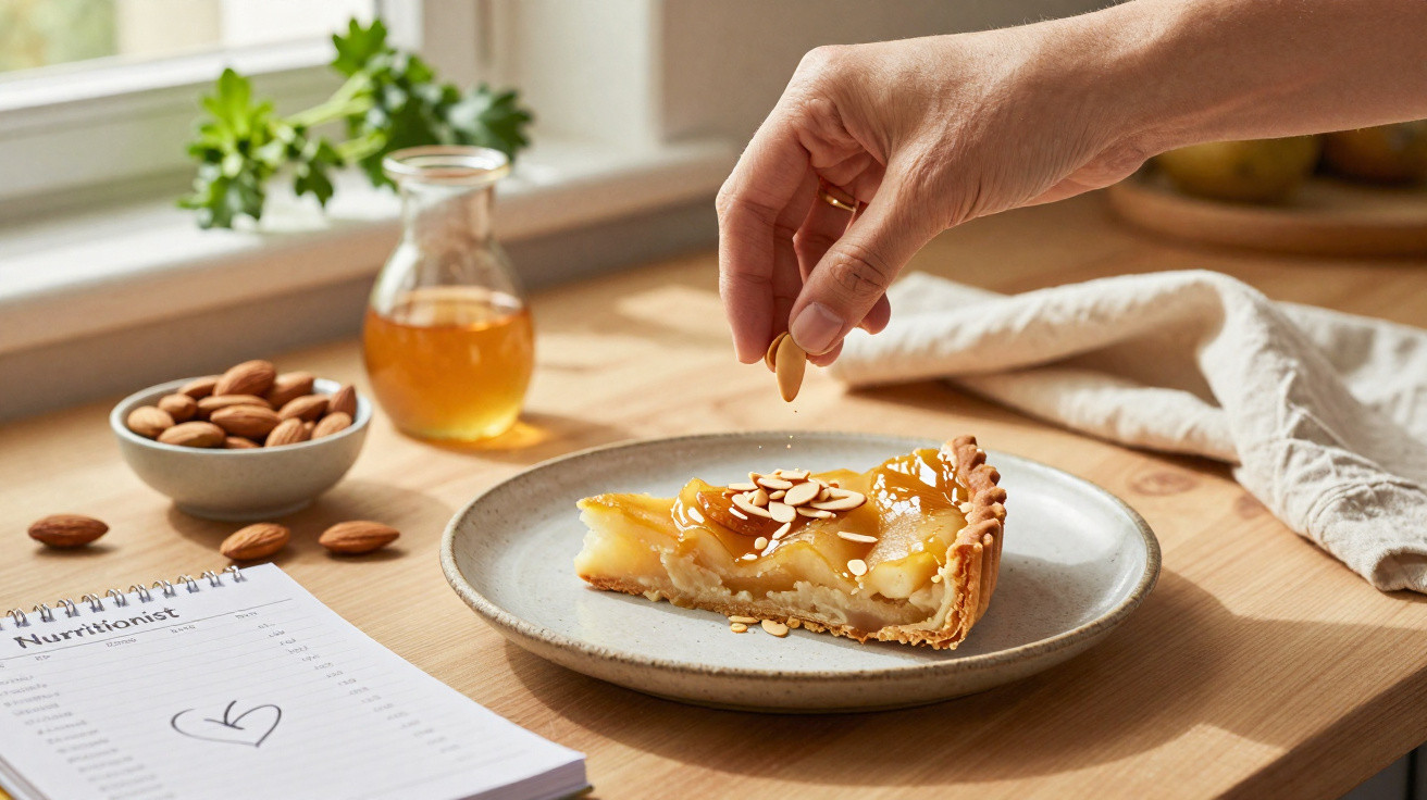 Mão polvilhando amêndoas em fatia de torta de maçã com calda, em prato sobre mesa de madeira.