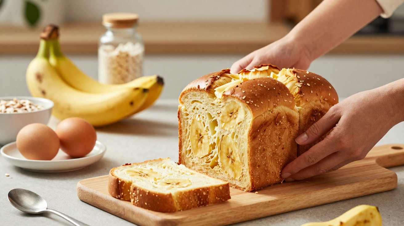 Pão de banana fatiado em tábua de madeira com ovos, banana e cereais ao fundo na cozinha.